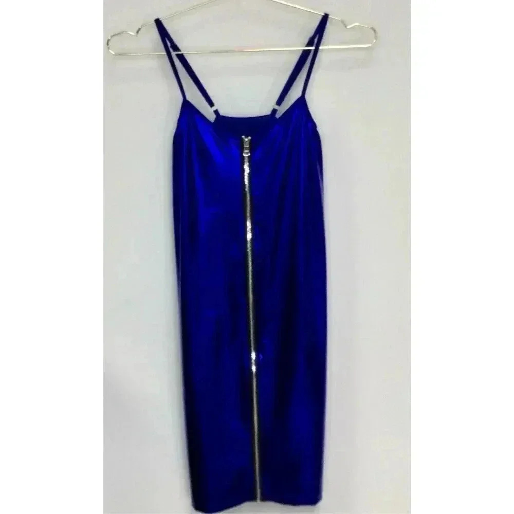 Vintage Womens Royal Blue Faux Leather Sleeveless Front Zipper Mini Dress Medium